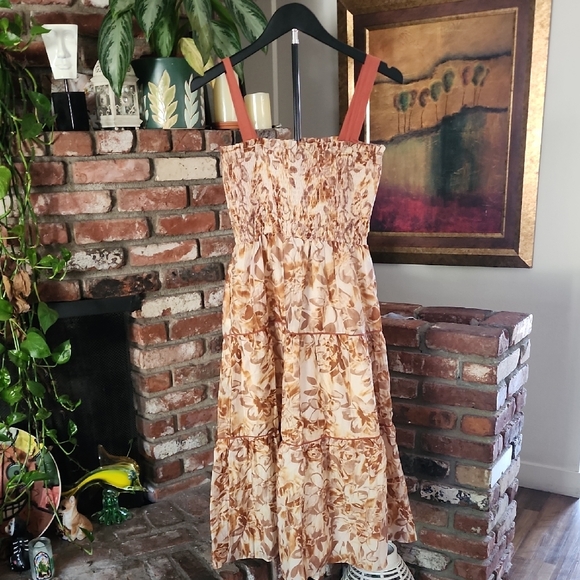 NWT Jacqui E Gaia Beige & Tan Smocked Tiered Midi Dress Boho - Picture 6 of 14